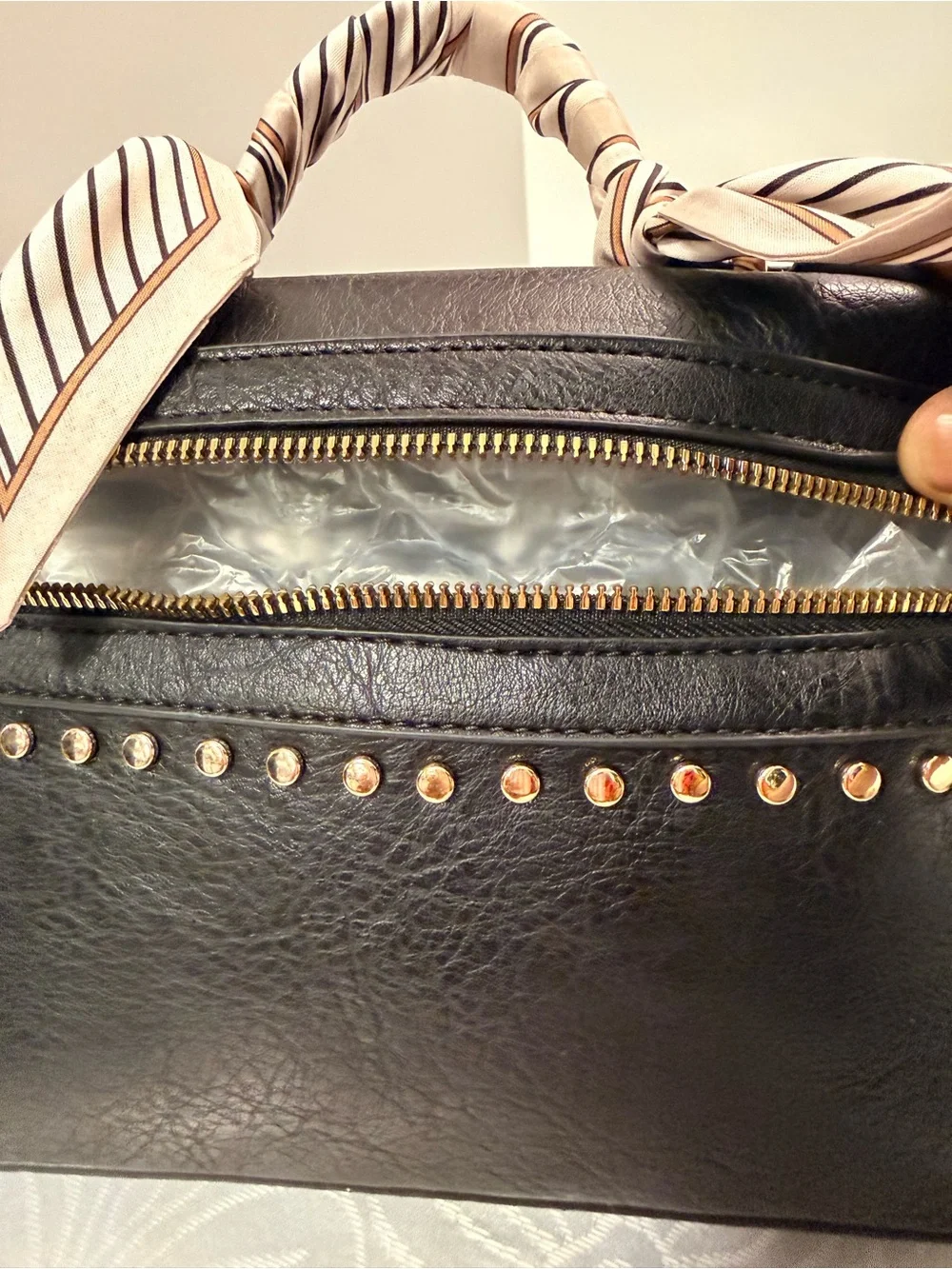 Black Studded faux  Leather Satchel with Scarf-Wrapped Handle